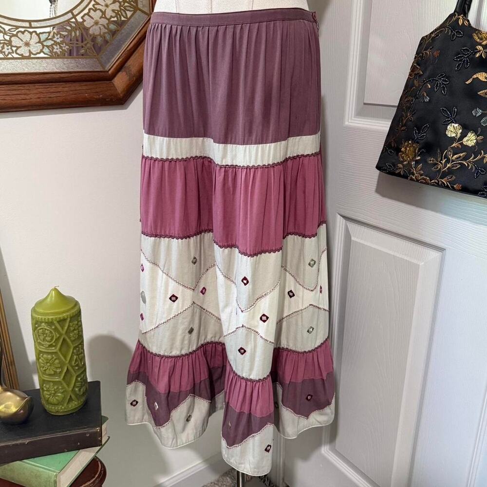 VTG 90s Spiegel Purple, Grey, Pink Tiered Color Block Embroidered Cotton Skirt